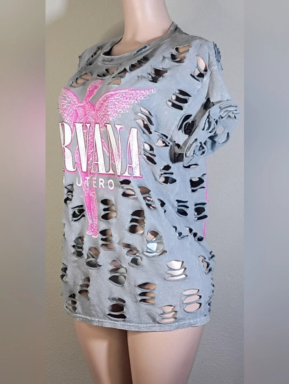 NIRVANA Gray Custom Distressed Tee with Hot Pink Logo & Number 93 - Picture 3 of 6